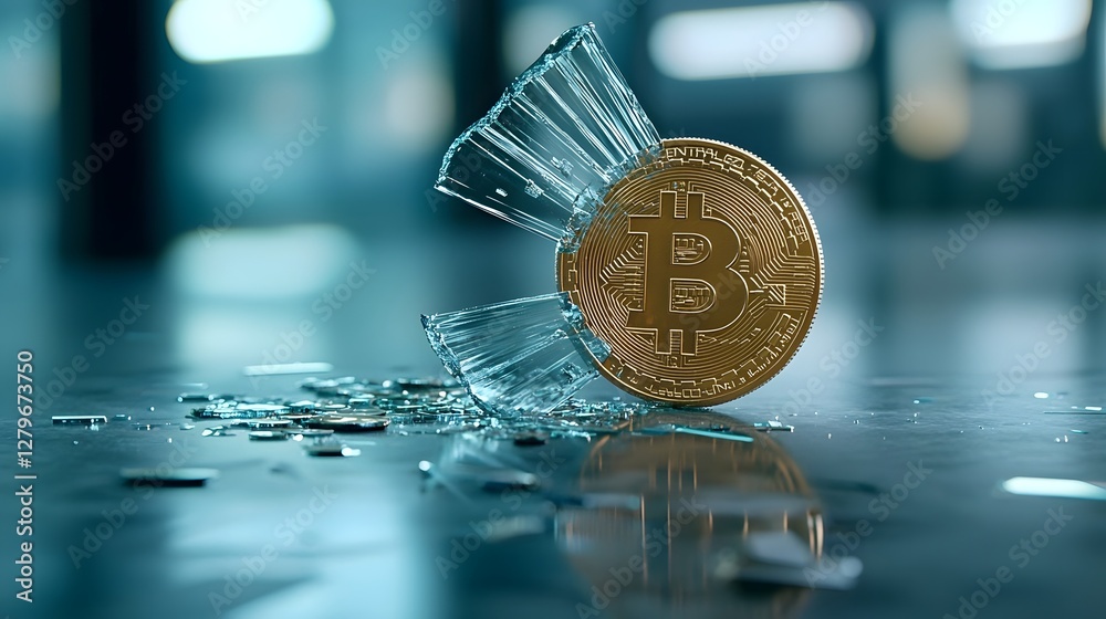 Poster 3d render of bitcoin cryptocurrency breaking through a glass ceiling symbolizing a surge in price an
