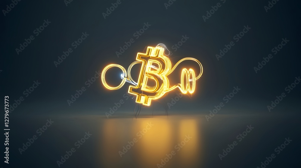 Poster 3d render of gold and bitcoin symbols merging together to create a glowing futuristic financial conc