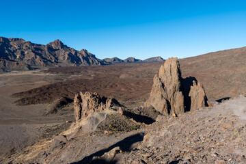 Visiting of Teide national park on Tenerife and view on volcanic landscapes, Canary islands, Spain