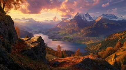 Obraz premium Fiery autumn sunset over the towering cliffs of Saxer Lcke, as Swiss alpine landscapes stretch into the distance