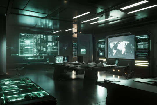 A high tech, dystopian futuristic office filled with digital interfaces, glowing screens, and sleek furniture in a dark environment.