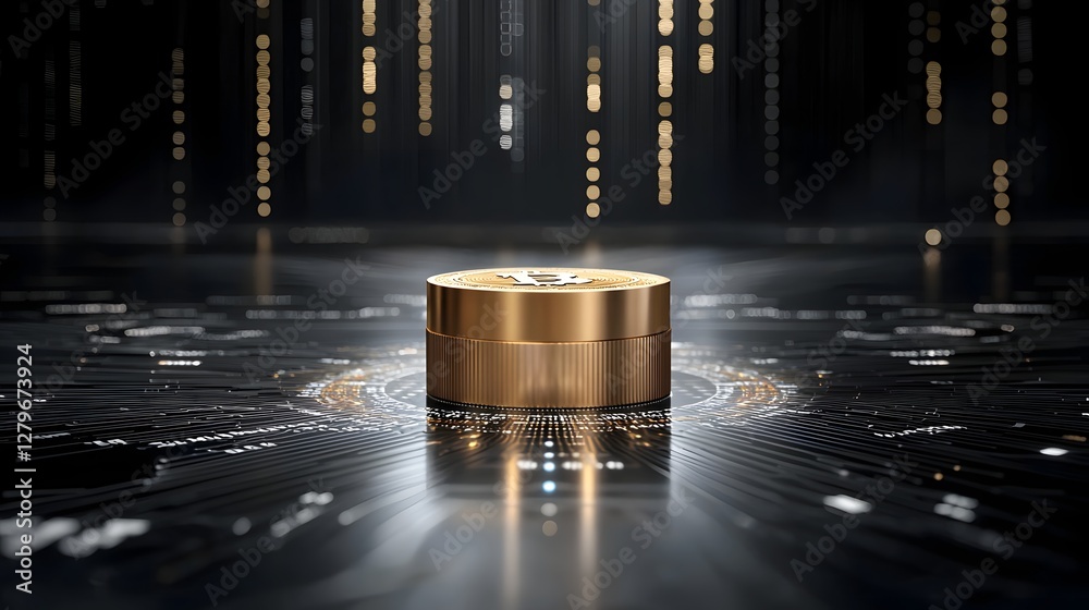 Poster 3D rendering of a shiny golden Bitcoin cryptocurrency surrounded by a dark digital financial data background  Concept of modern technology virtual currency blockchain and future finance