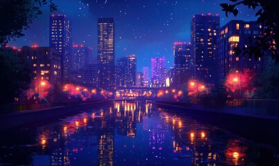 Obraz premium Vibrant city skyline at night, glowing windows and streetlights reflecting on a nearby river, evoking an urban energ
