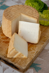 Cheese collection, piece of round fresh smoked Spanish goat cheese close up