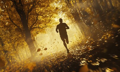 Runner captured mid-stride on a leafy autumn trail as sunlight filters through the trees. Warm golden tones and dynamic motion evoke energy and focus,