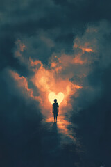 Obraz premium A peaceful and reflective illustration of a person walking away from a dark cloud, their heart glowing brightly as they let go of past hurts and embrace forgiveness.