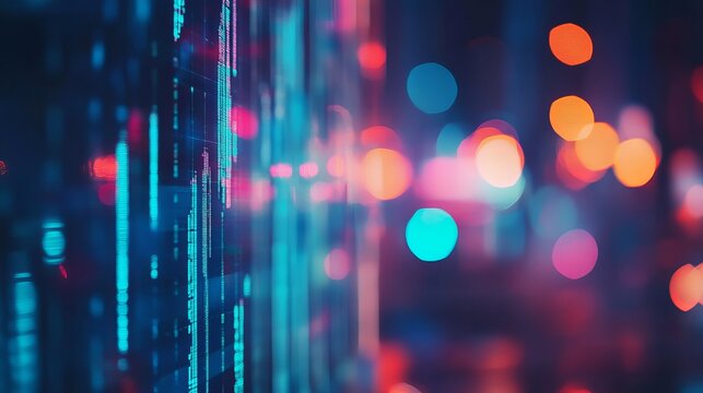 Abstract Digital Data Stream Blue Neon Glowing Lines Futuristic Technology Background Modern Cityscape Night Lights Urban Scene Vibrant Colors Dynamic