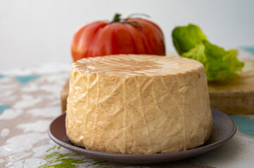 Cheese collection, piece of round fresh smoked Spanish goat cheese close up