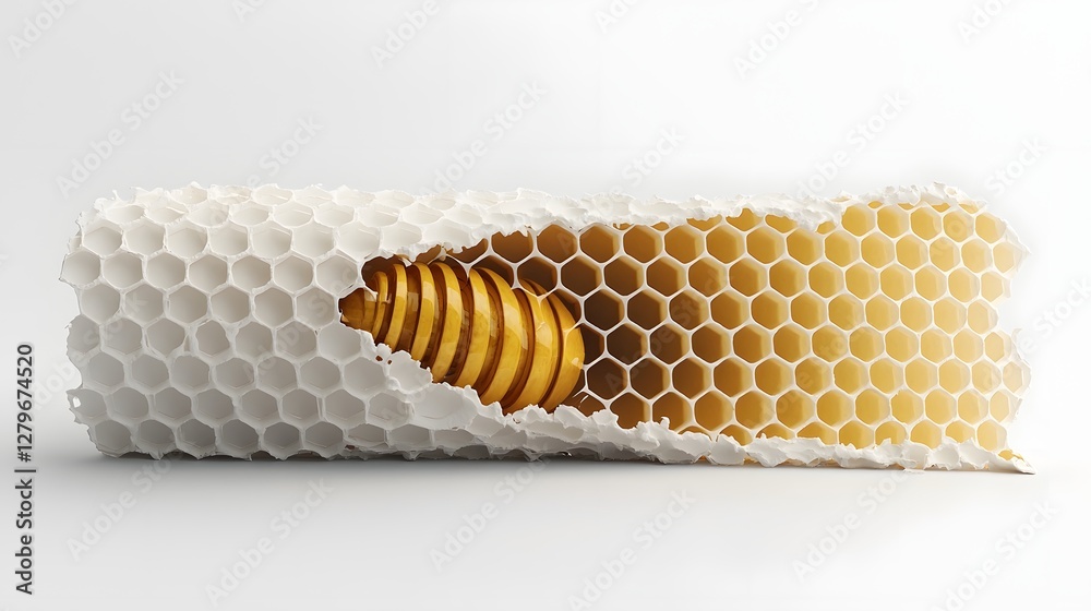 Poster A and digital image showcasing a honeycomb structure morphing and transforming into a modern and sleek brand logo representing the concept of futuristic product branding and corporate identity design