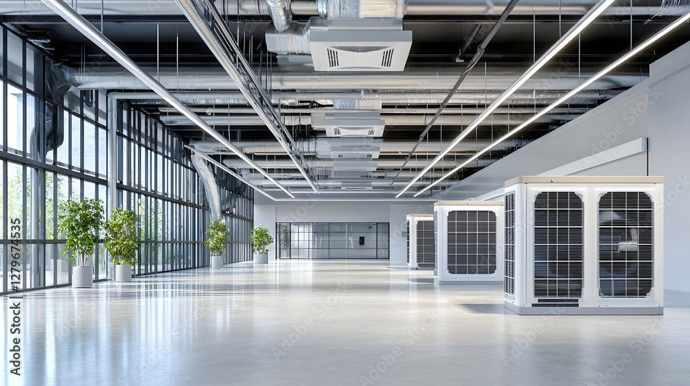 Poster A 3D rendering of an advanced energy efficient air conditioning and ventilation system installed in the interior of a modern eco friendly commercial or office building