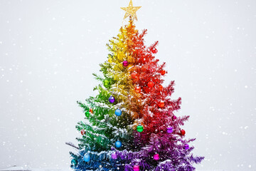 Obraz premium A rainbow colored Christmas tree with multicolored lights, ornaments, and tinsel, set against a soft wintery background with gentle snowflakes falling.