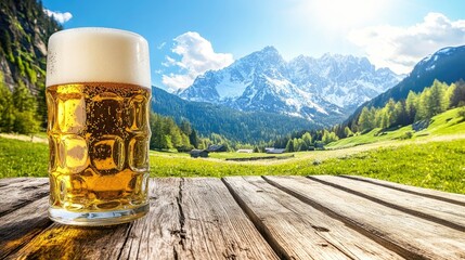 Ice-cold wheat beer in a classic Bavarian-style glass, sitting on a wooden table with a scenic view of the Austrian Alps.