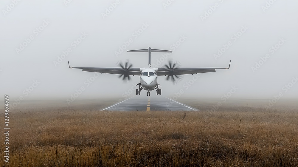 Aufkleber A cinematic image of an airplane struggling to take off in dense fog with the runway barely visible amidst the low contrast moody lighting and eerie atmospheric conditions