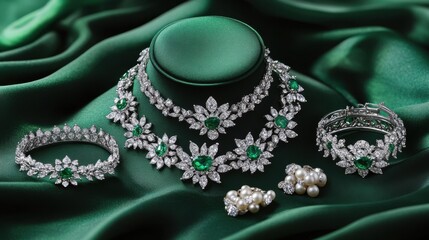 A collection of luxurious jewelry sets, including diamond chokers, pearl rings, and emerald earrings, beautifully arranged for a fashion-forward look