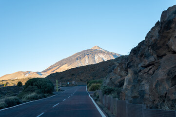Driving car from North part of Tenerife to Teide national park and view on volcanic landscapes, Canary islands, Spain