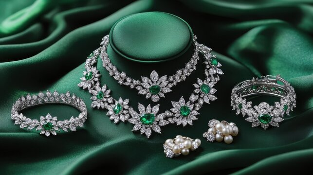 A collection of luxurious jewelry sets, including diamond chokers, pearl rings, and emerald earrings, beautifully arranged for a fashion-forward look