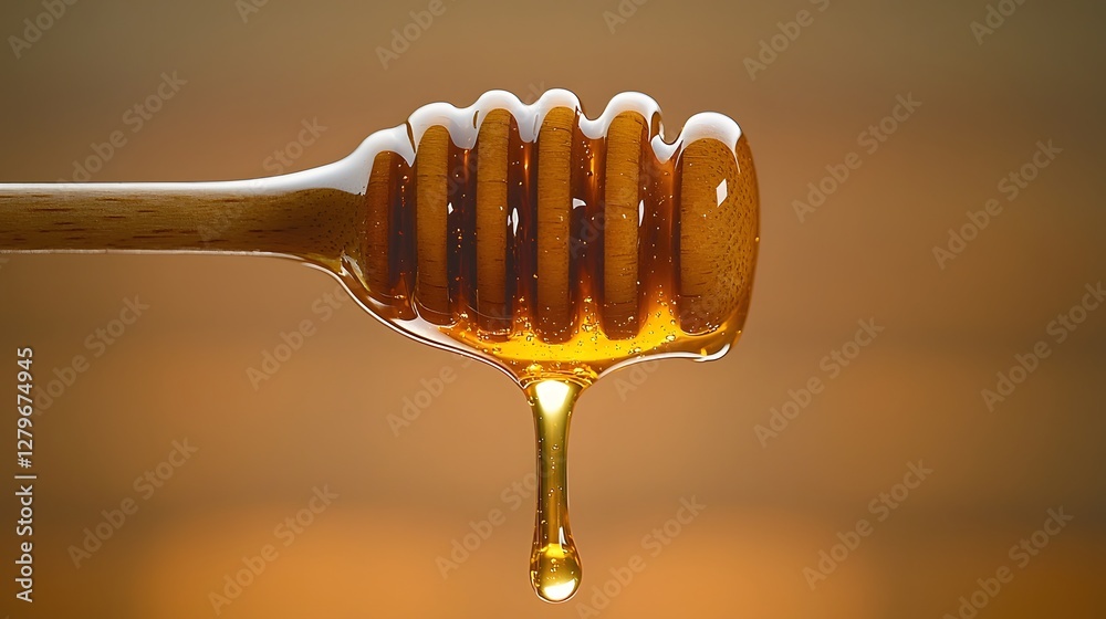 Poster a close up image of golden honey dripping slowly from a wooden honey dipper set against a warm softl