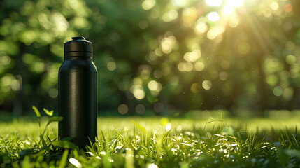 thermos bottle placed on fresh green grass