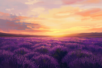 Fototapeta premium A high detail digital painting of a vast lavender field stretching into the distance, with a golden sunset casting a warm glow over the landscape.
