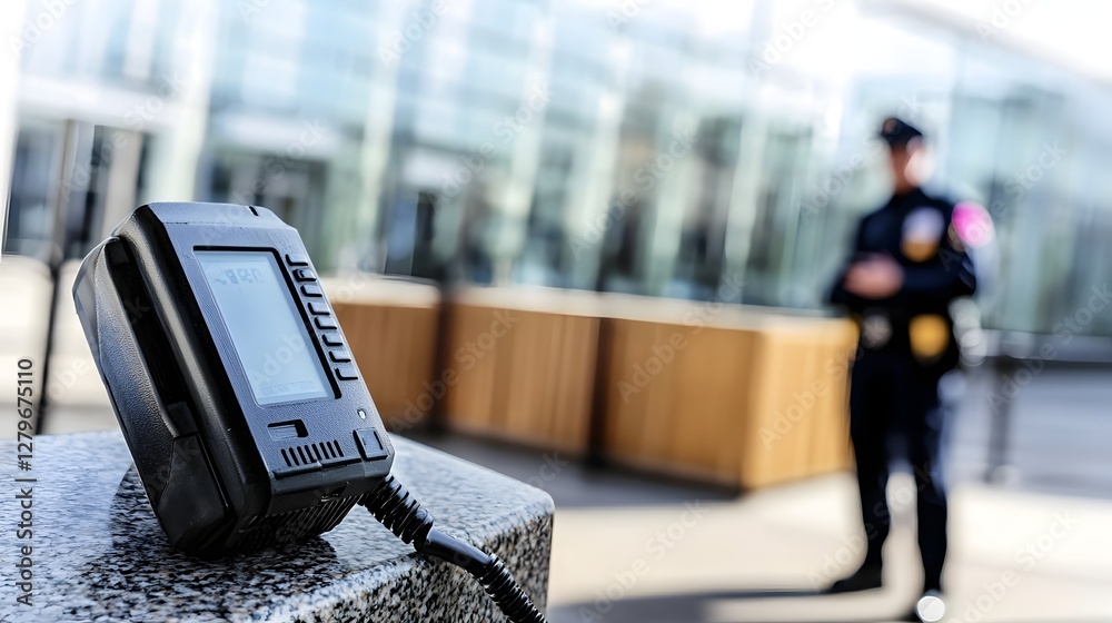 Poster A close up shot of a walkie talkie device in use by a security guard with a blurred background and professional lighting