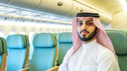 A relaxed Saudi male traveler in Flynas Airlines' sleek cabin with striking blue seats and soft lighting