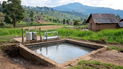 A Community Water Purification Station Providing Clean Water Access in a Picturesque Rural Village Surrounded by Mountains Fields and Lush Vegetation