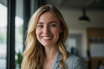 Fototapeta premium Close-up portrait of a cheerful young businesswoman with long blond hair, wearing a light gray blazer, smiling confidently in a modern office environment, showcasing professionalism and success