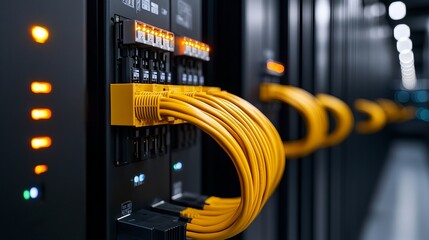 Naklejka premium Bright yellow network cables connected to a server rack in a data center. High-tech infrastructure.