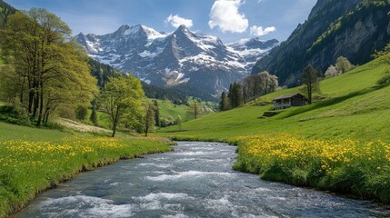 Pristine Swiss nature at Rosenlaui, with the Wellhorn mountain and the Reichenbach River winding through the valley in the Canton of Bern