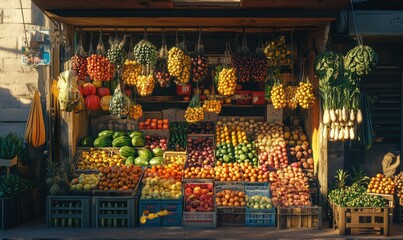 Vibrant fruit and vegetable stand at a local market, colorful produce stacked neatly under warm afternoon light creating a lively atmospher