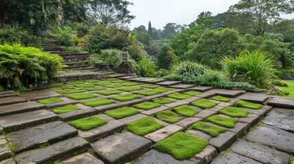 Rich green moss carpeting an uneven stone surface, blending seamlessly with the surrounding foliage