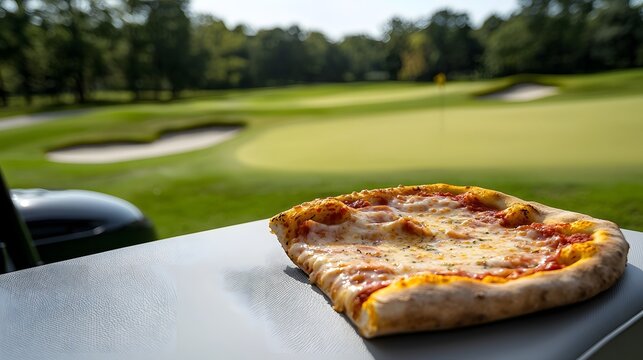 A delectable slice of piping hot pizza rests atop a golf cart set against the backdrop of a serene and well manicured golf course