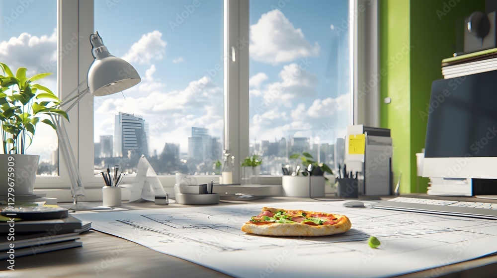 Leinwandbilder a delicious piece of pizza resting on a blueprint inside an architect s modern and productive worksp