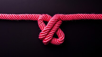 Contrasting composition of a vibrant pink yarn knot, colorful strands blending into a red rope, highlighted on a muted dark background, unity representation
