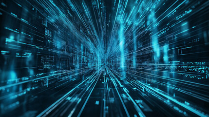 Obraz premium Futuristic digital cityscape with blue light streaks and glowing lines in cyberspace.