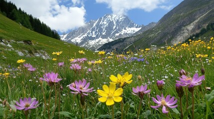 Fototapeta premium Silene acaulis growing alongside other alpine wildflowers in a lush mountain meadow, with a snow-dusted peak in the background.