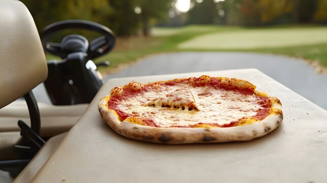 A delicious slice of freshly baked pizza resting comfortably on a golf cart surrounded by the verdant and well manicured grounds of a scenic golf course
