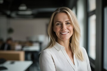 Fototapeta premium Confidently smiling businesswoman in a modern office, with colleagues working diligently in the background, reflecting a positive and productive workplace atmosphere