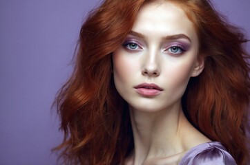 Fototapeta premium Beautiful confident photo model showcases vibrant makeup against a pastel color background in a studio setting, people and skincare, fashion theme concept. 