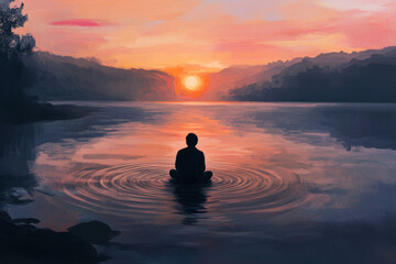 A gentle digital painting of a person sitting by a riverbank, gazing at the sunset, with soft ripples in the water symbolizing the healing journey after a loss.