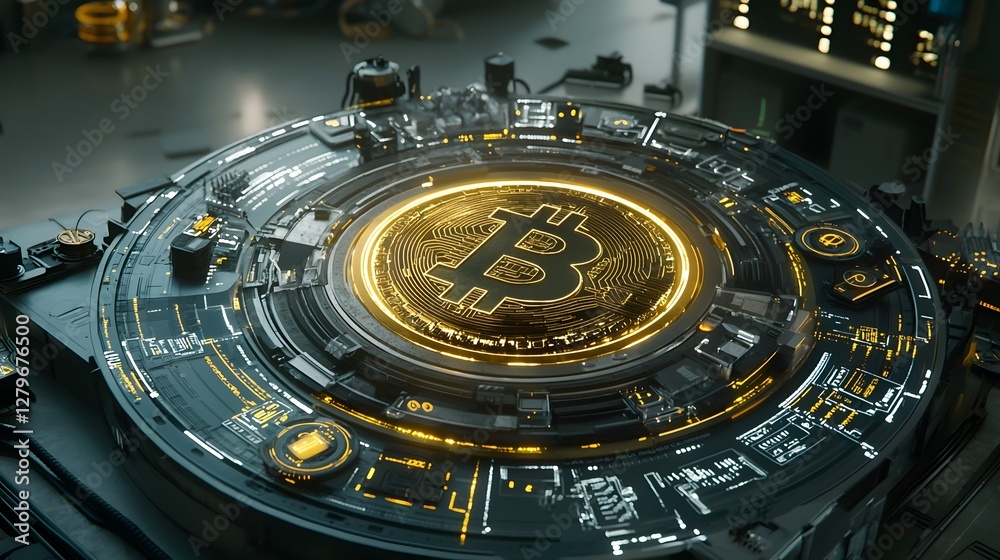 Poster a futuristic golden bitcoin surrounded by digital financial data concept of cryptocurrency blockchai