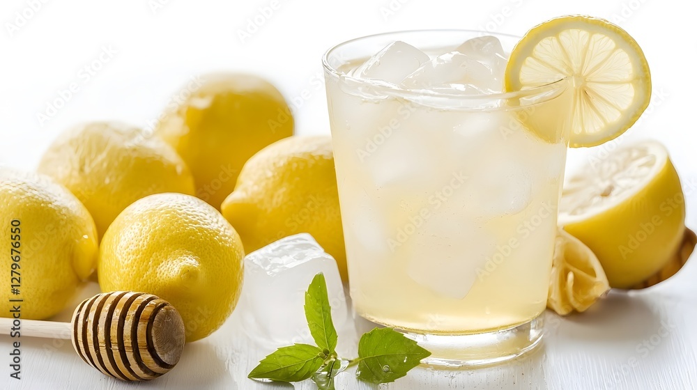Poster a glass of chilled and bubbly honey lemonade with fresh lemon slices and ice cubes a refreshing and 