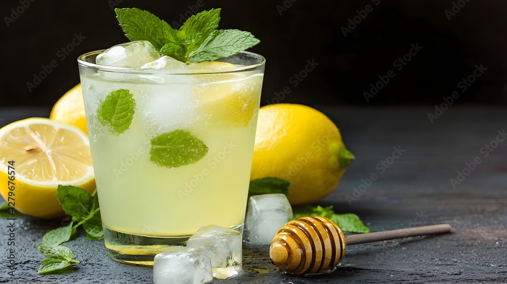 Poster a glass of refreshing honey lemonade with ice cubes and fresh mint leaves served on a rustic wooden 