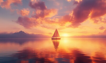 Fototapeta premium Scenic evening lake view with a lone sailboat gliding across calm water, vibrant orange and pink hues blending into the twilight sky, peaceful ambiance,