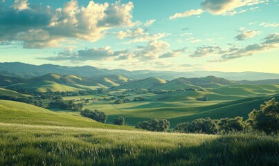 Scenic farmland with rolling green hills under a vibrant blue sky, with soft white clouds casting shadows. Bright tones evoke natural beauty,