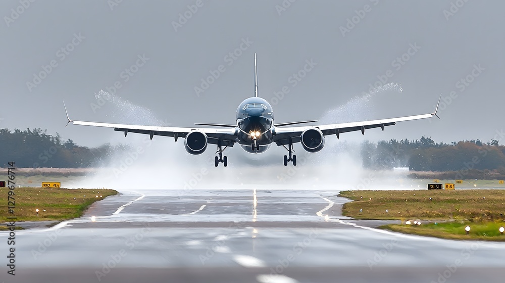 Aufkleber A large commercial jetliner tilting at an angle as it battles strong crosswinds and rain during the landing approach at the airport runway  The scene is blurred with a motion effect