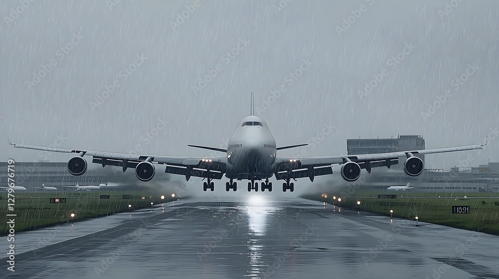 Aufkleber a large commercial jetliner struggling against strong gusty crosswinds while attempting a challengin