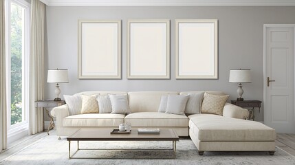 Fototapeta premium Elegant living room an ISO A size framed poster The neutral tones minimalist art and modern decor create a stylish and serene ambiance perfect for contemporary living space styling