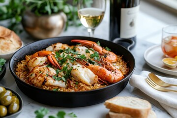 An exquisite seafood paella beautifully presented in a black paella dish, showcasing the vibrant colors and fresh ingredients of this classic dish.