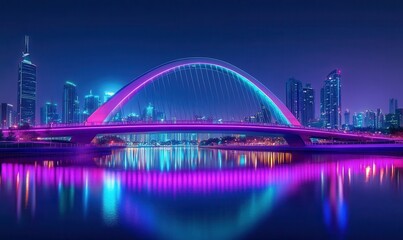 Obraz premium Scenic night cityscape with a glowing neon-lit bridge reflecting on calm water, vibrant hues of purple and blue creating a futuristic urban vibe,